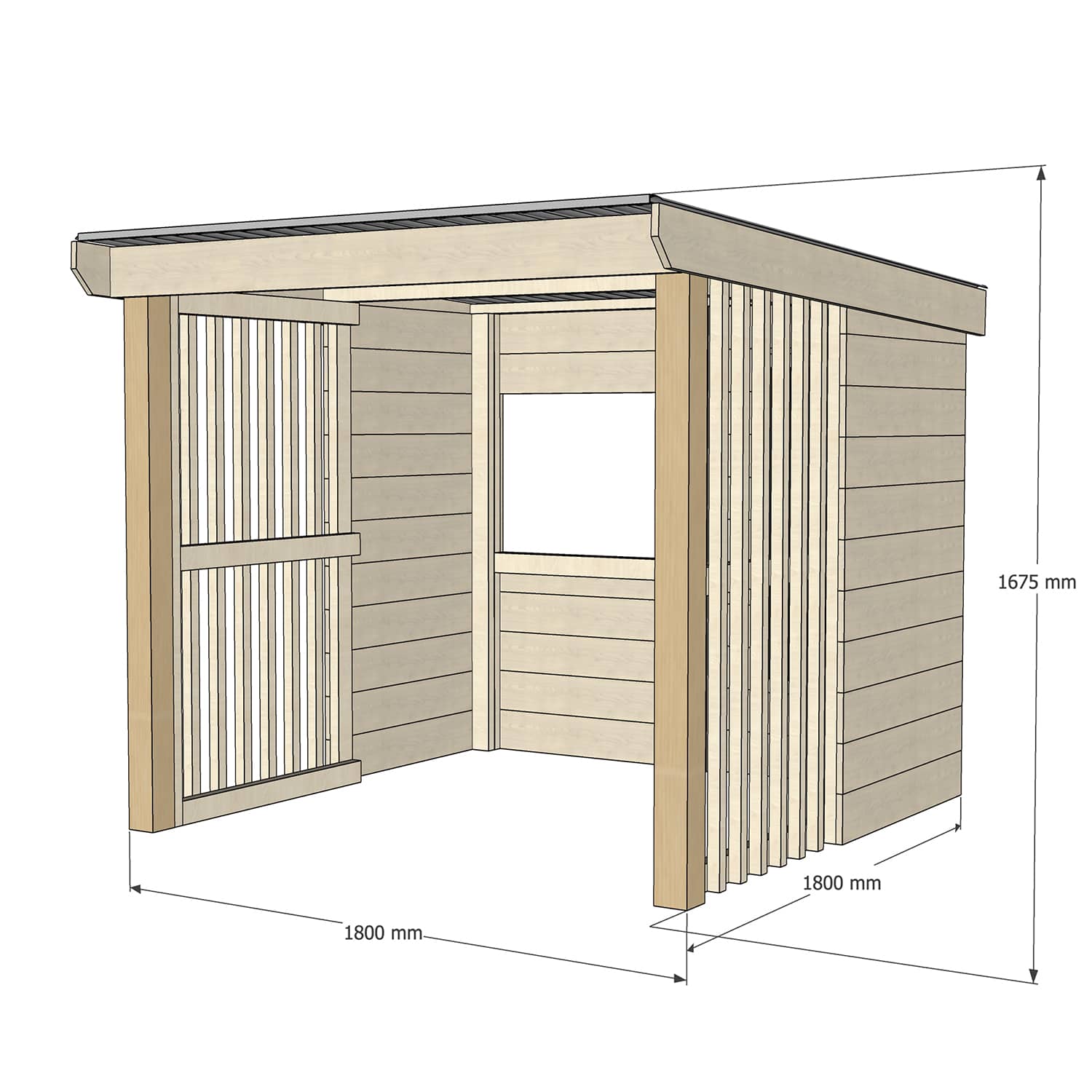 Raw open front timber shelter no floor with dimensions