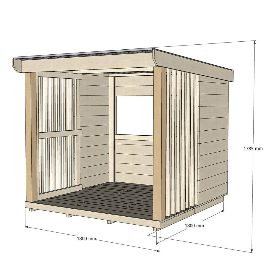 Raw open front timber shelter with dimensions
