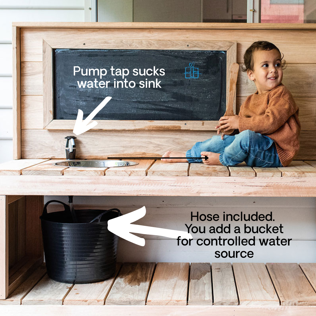 A pump action tap for a Kids outdoor mud kitchen. Connetcs via a hose to a bucket of water under the bench. 