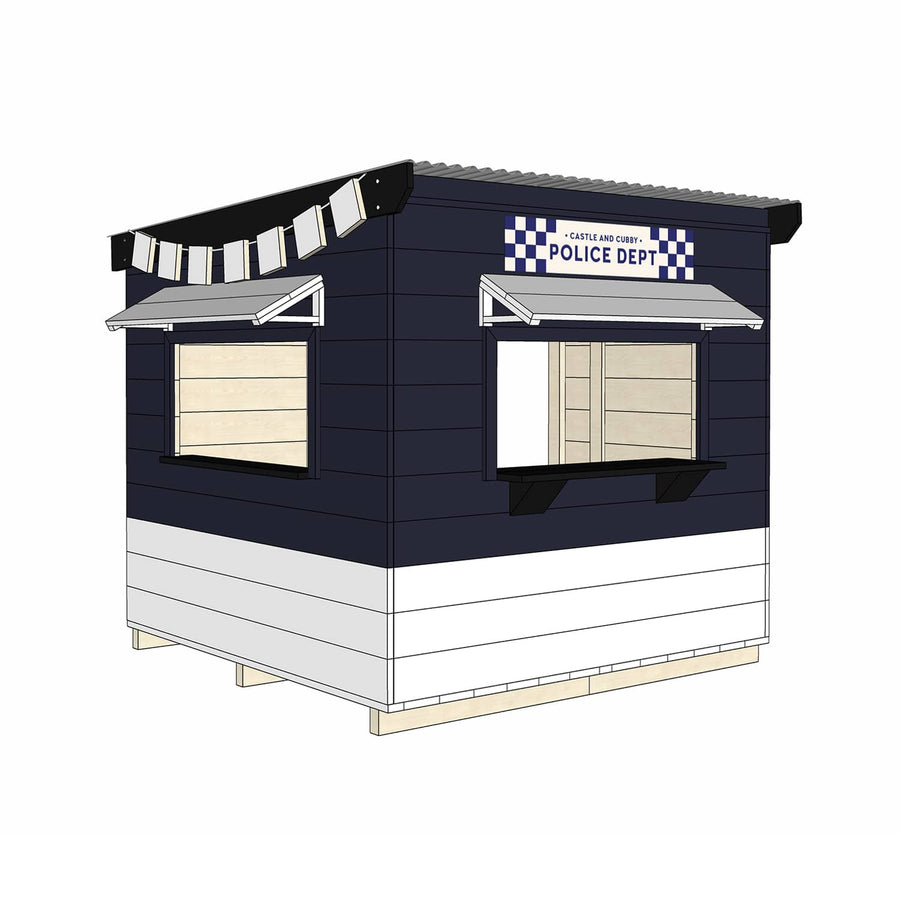 Painted timber police station village cubby house midi square size