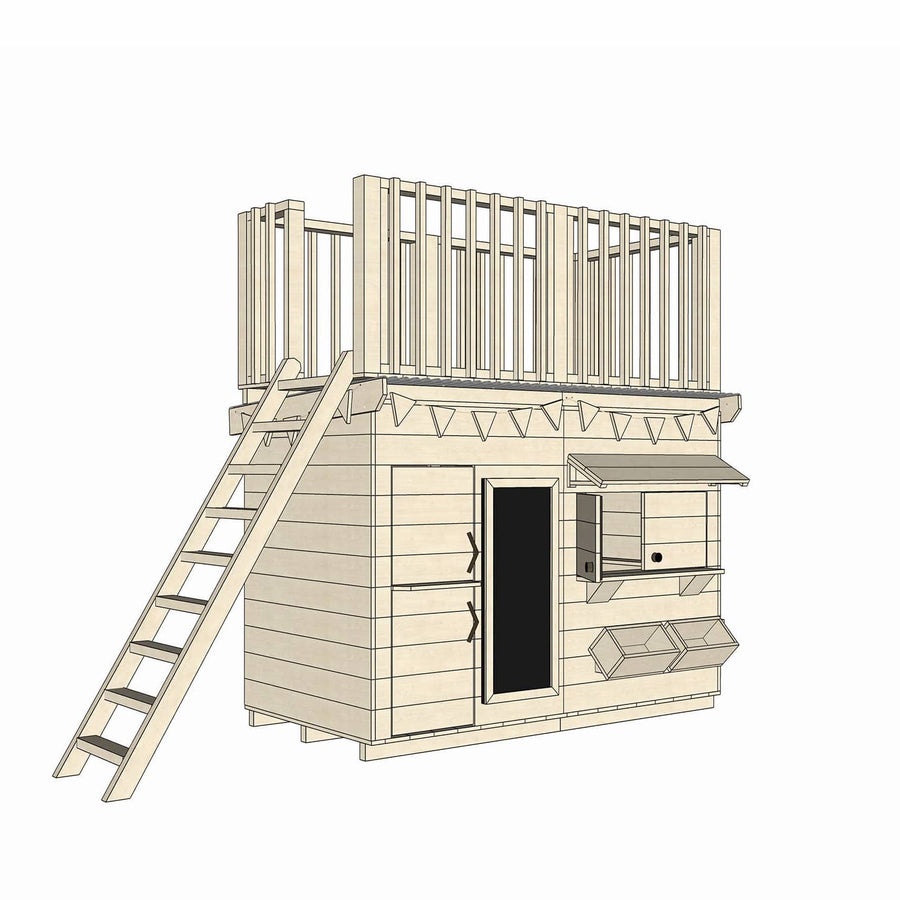 Wooden cubby house with double fort top and accessories in midi rectangle size