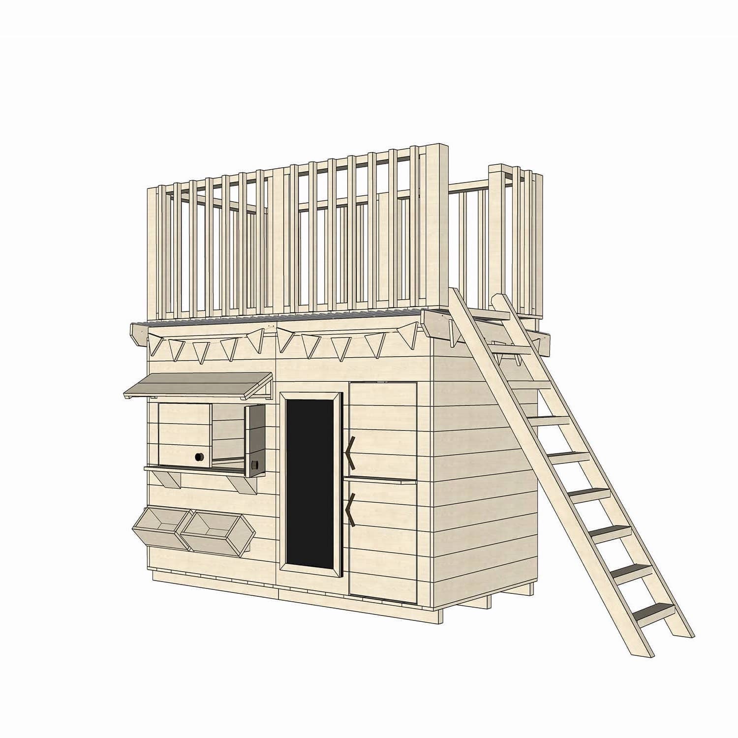Raw pine cubby house with double fort top and ladder in midi rectangle size