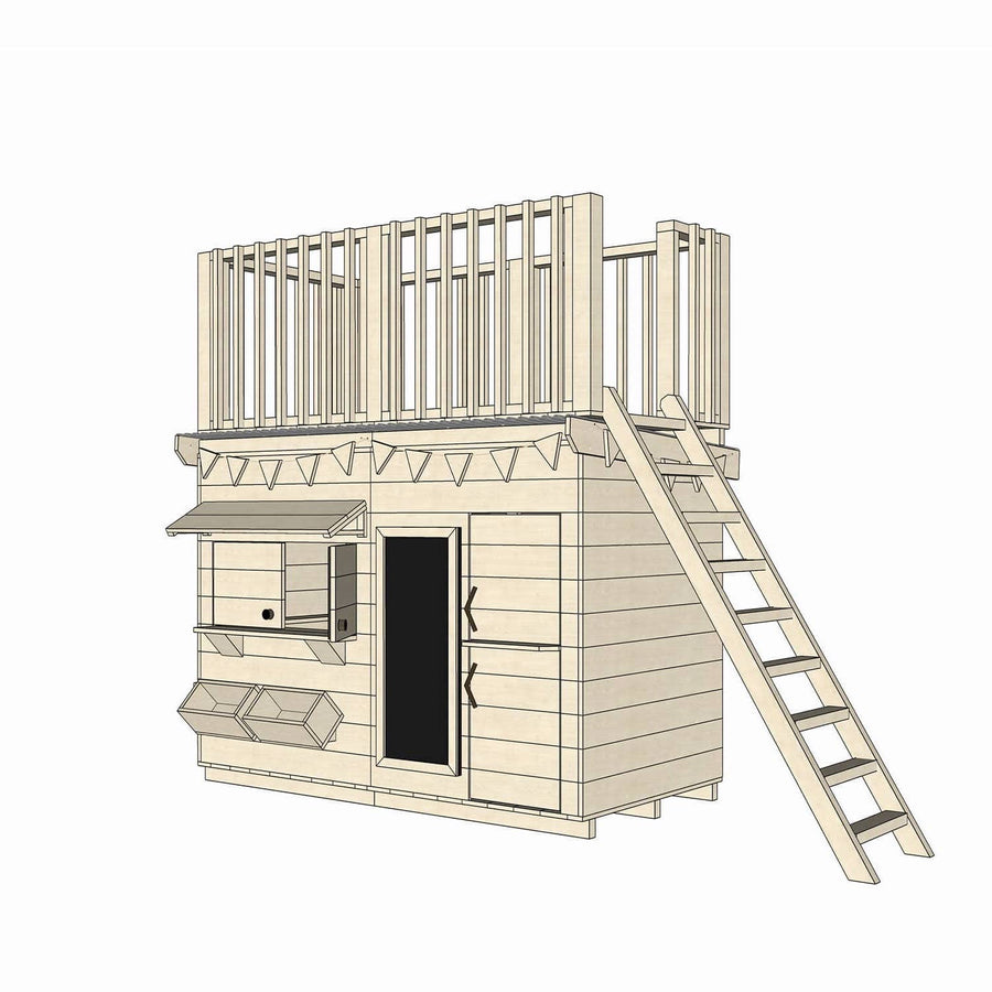 Raw pine cubby house with double fort top and ladder in midi rectangle size