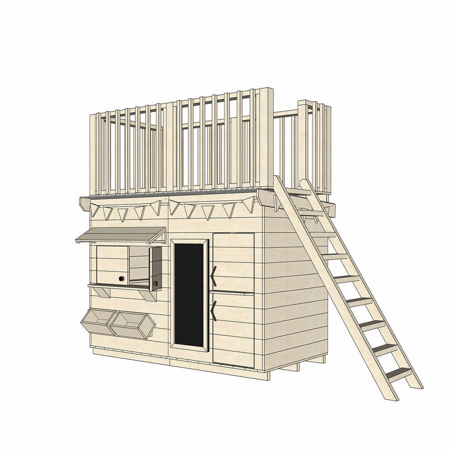 Raw pine cubby house with double fort top and ladder in midi rectangle size