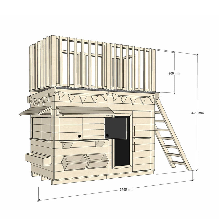 Timber cubby house with a double fort top in midi rectangle size