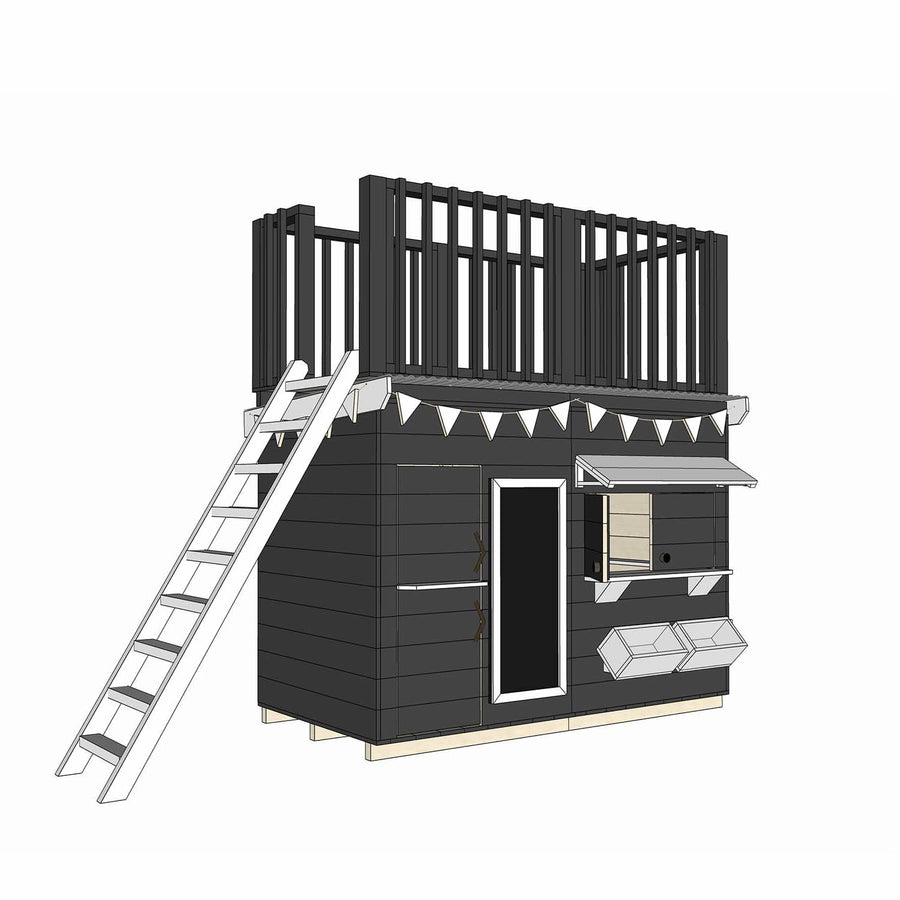 Painted wooden cubby house with double fort top and accessories in midi rectangle size