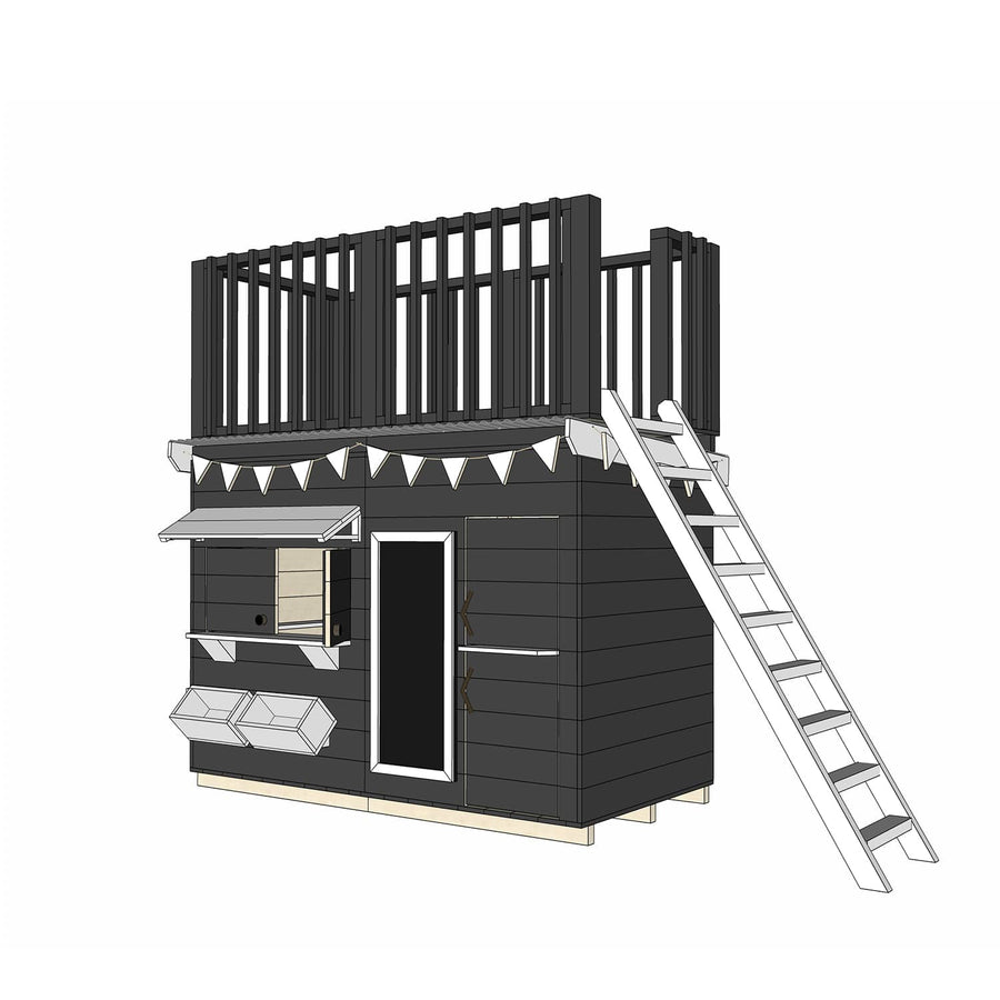 Painted pine cubby house with double fort top and ladder in midi rectangle size