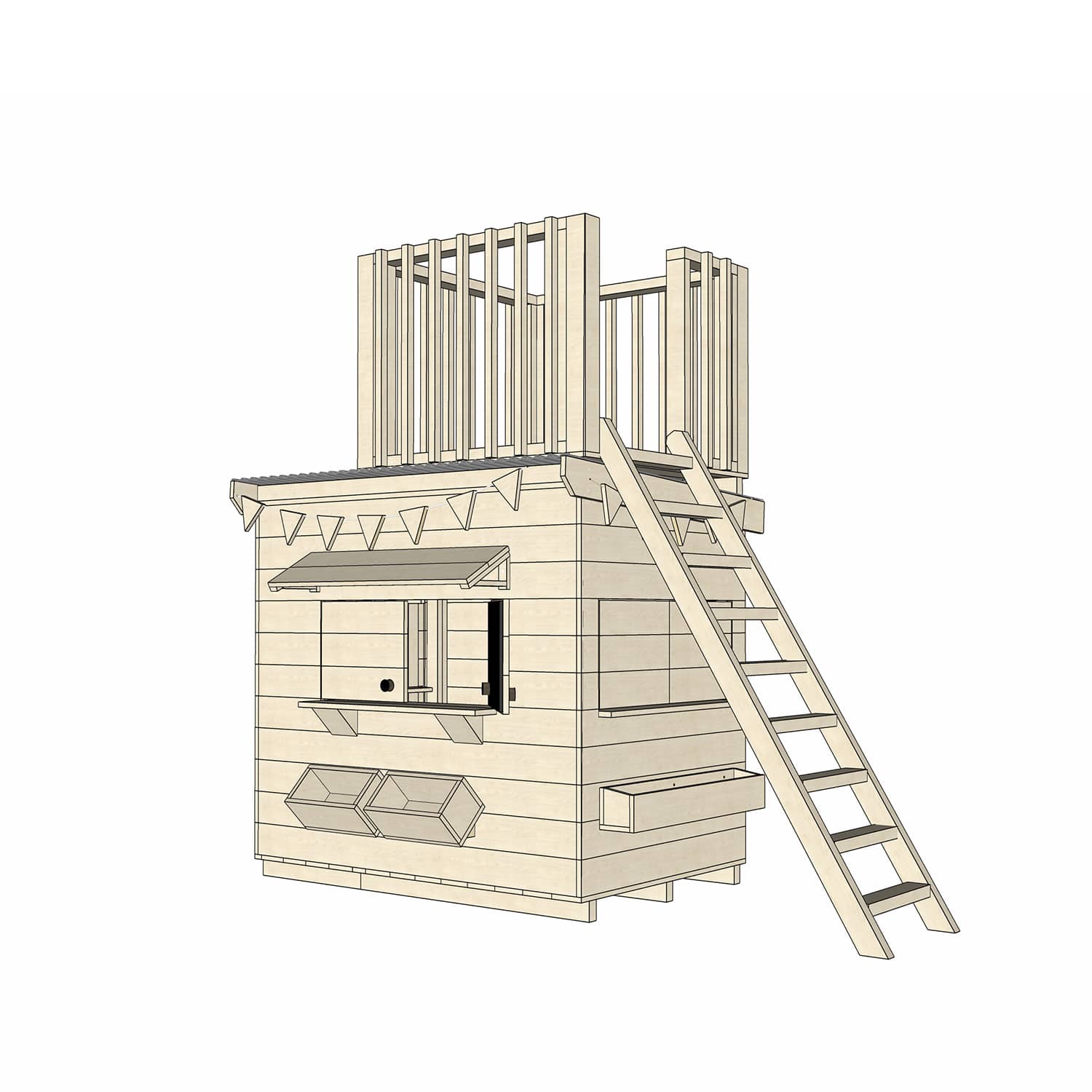 Wooden cubby house with fort top and accessories in little rectangle size