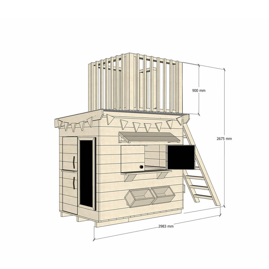 Raw pine cubby house with fort top and ladder in little rectangle size