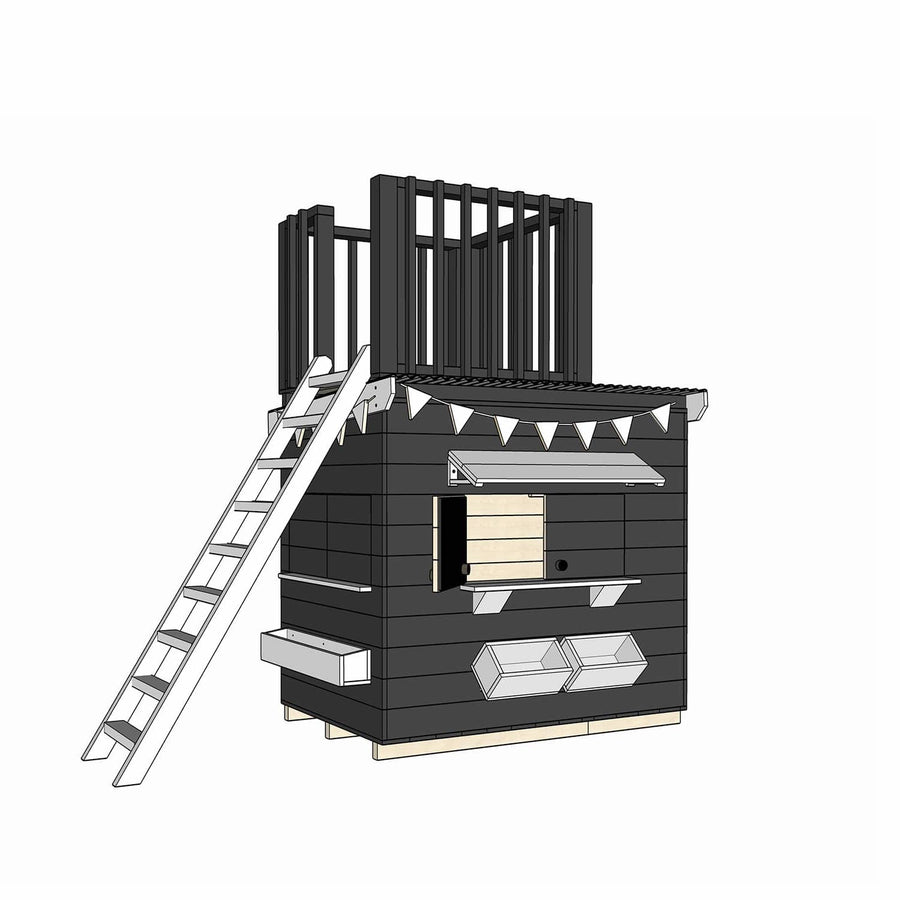Painted timber cubby house with a fort top in little rectangle size
