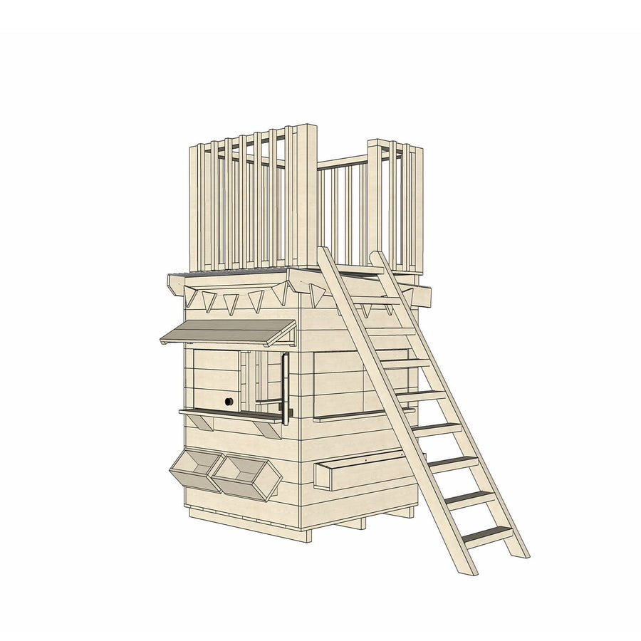 Wooden cubby house with fort top and accessories in little square size