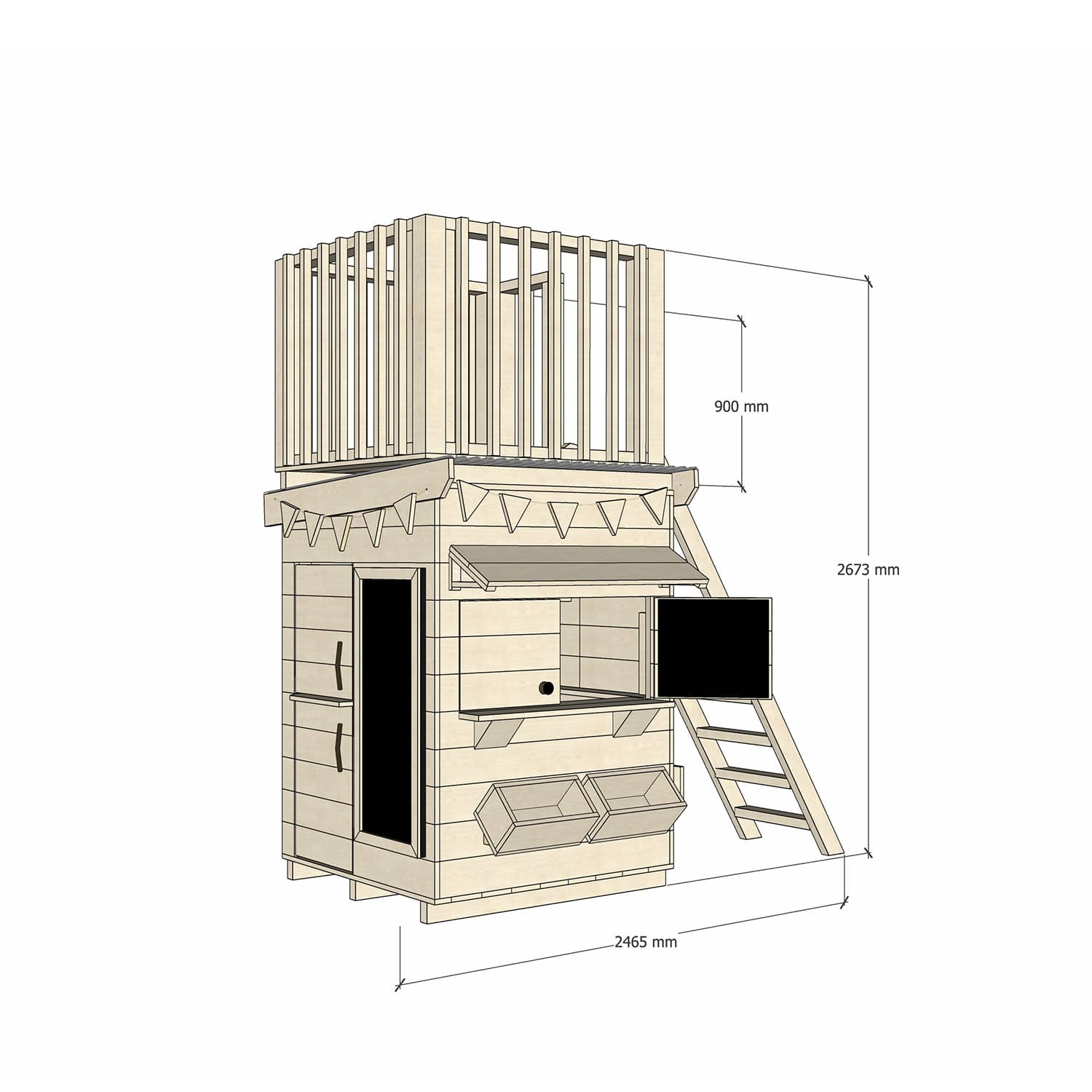 Raw pine cubby house with fort top and ladder in little square size