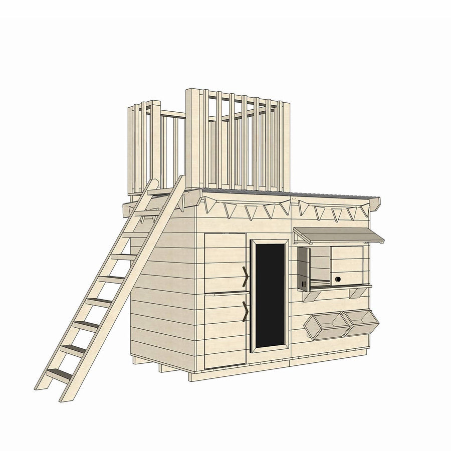 Wooden cubby house with single fort top and accessories in midi rectangle size