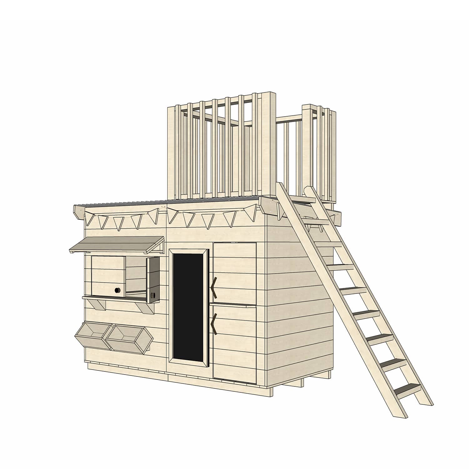 Raw pine cubby house with single fort top and ladder in midi rectangle size