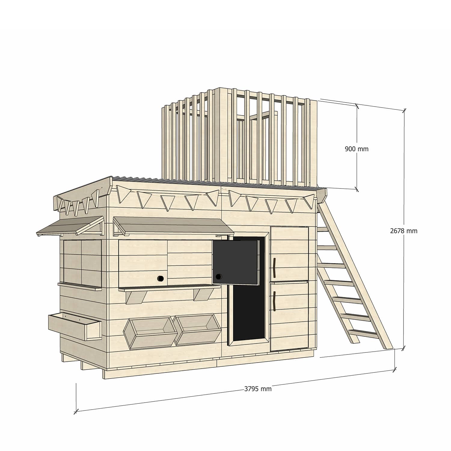 Timber cubby house with a single fort top in midi rectangle size