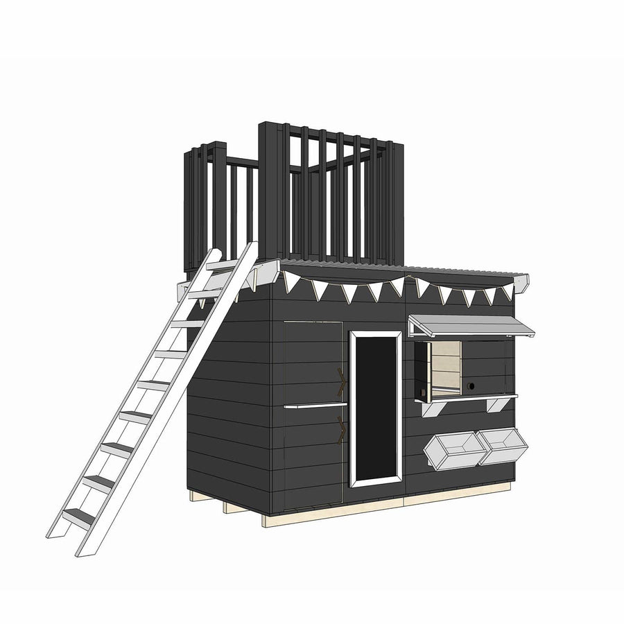 Painted wooden cubby house with single fort top and accessories in midi rectangle size