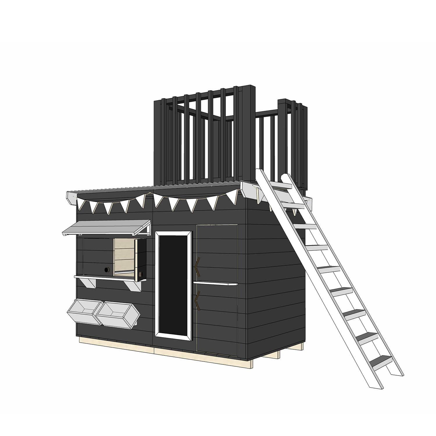 Painted pine cubby house with single fort top and ladder in midi rectangle size