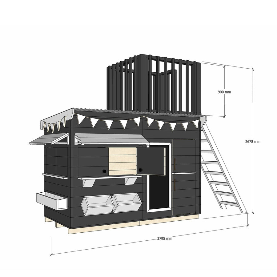 Painted timber cubby house with a single fort top in midi rectangle size