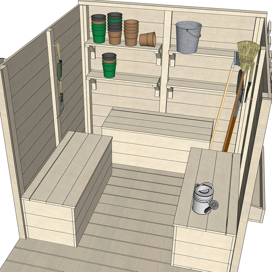 Interior view of storage seats in potting shed