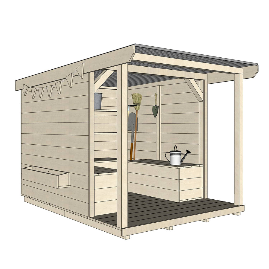 Pine timber verandah front potting shed with accessories
