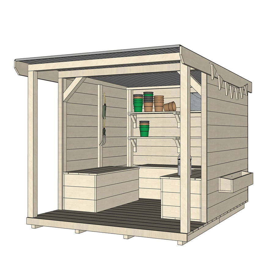 Raw wooden potting shed open front cubby with storage seats