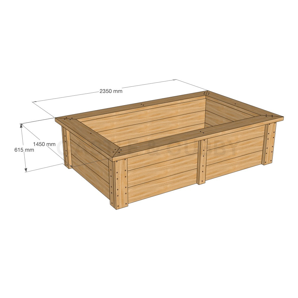 Dimensioned Timber Raised Garden bed or Sandpit Kit CAD Image - 1450mm x 2350mm - 615mm high in oiled finish