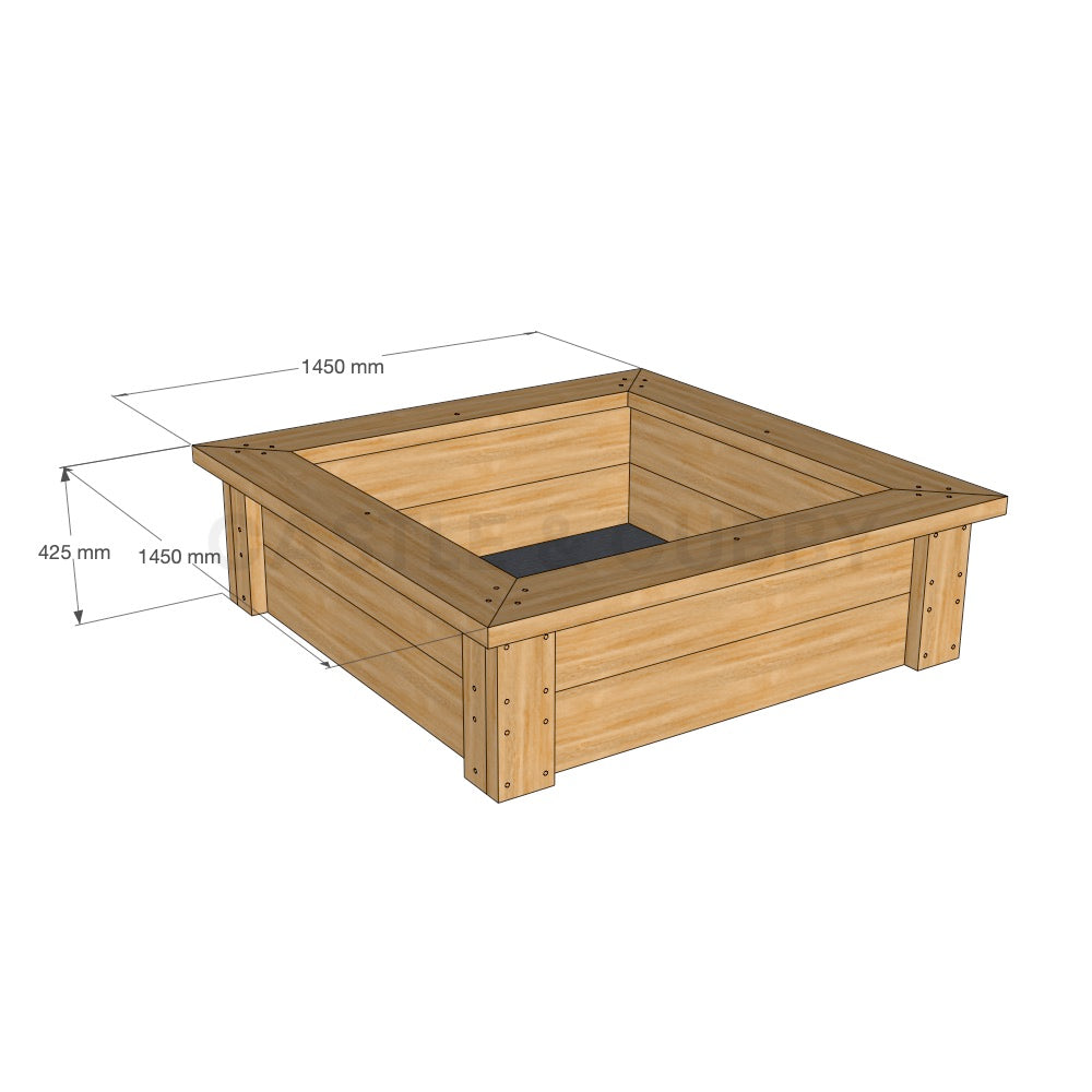 Dimensioned Timber Raised Garden bed or Sandpit Kit CAD Image - 1450mm x 1450mm - 425mm high in oiled finish