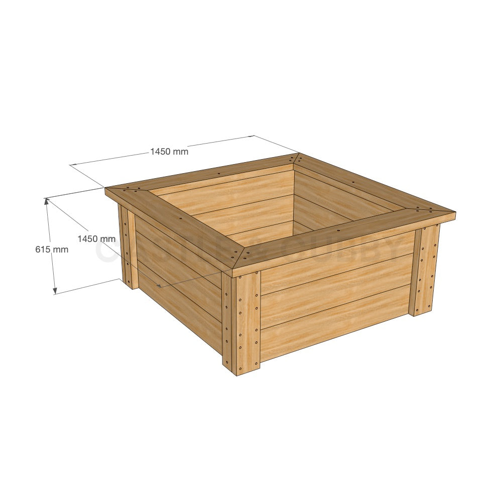 Dimensioned Timber Raised Garden bed or Sandpit Kit CAD Image - 1450mm x 1450mm - 615mm high in oiled finish