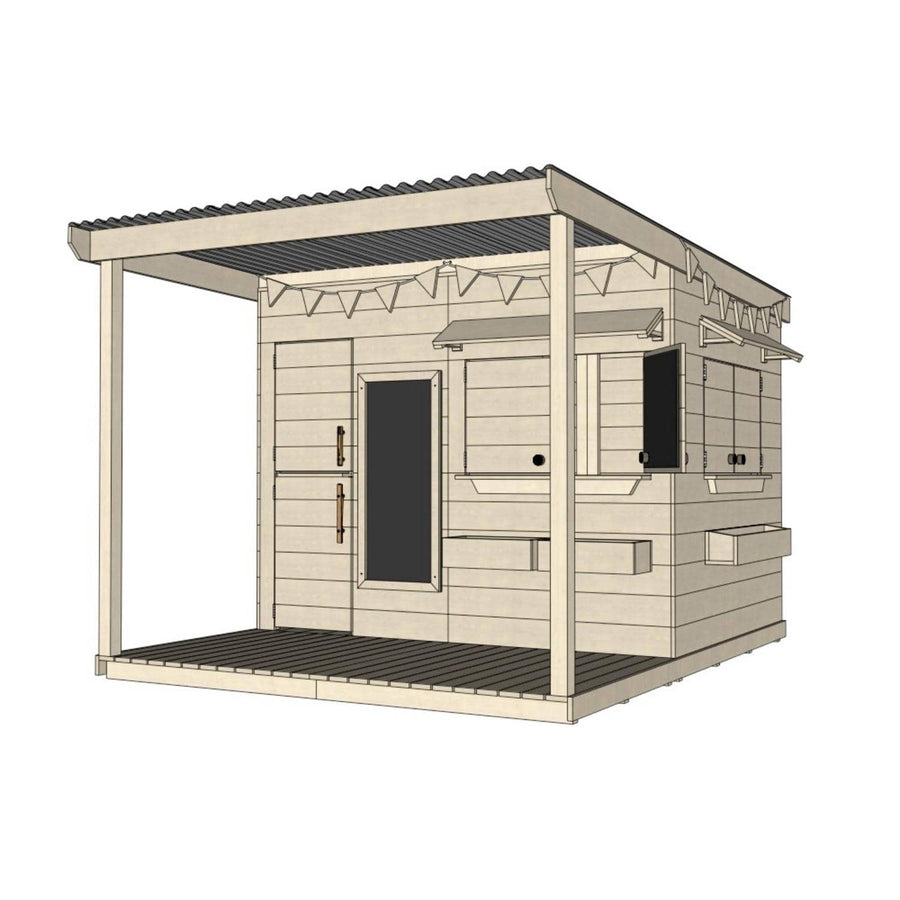 Raw wooden extended height cubby house with front porch for residential and family homes large rectangle size with accessories
