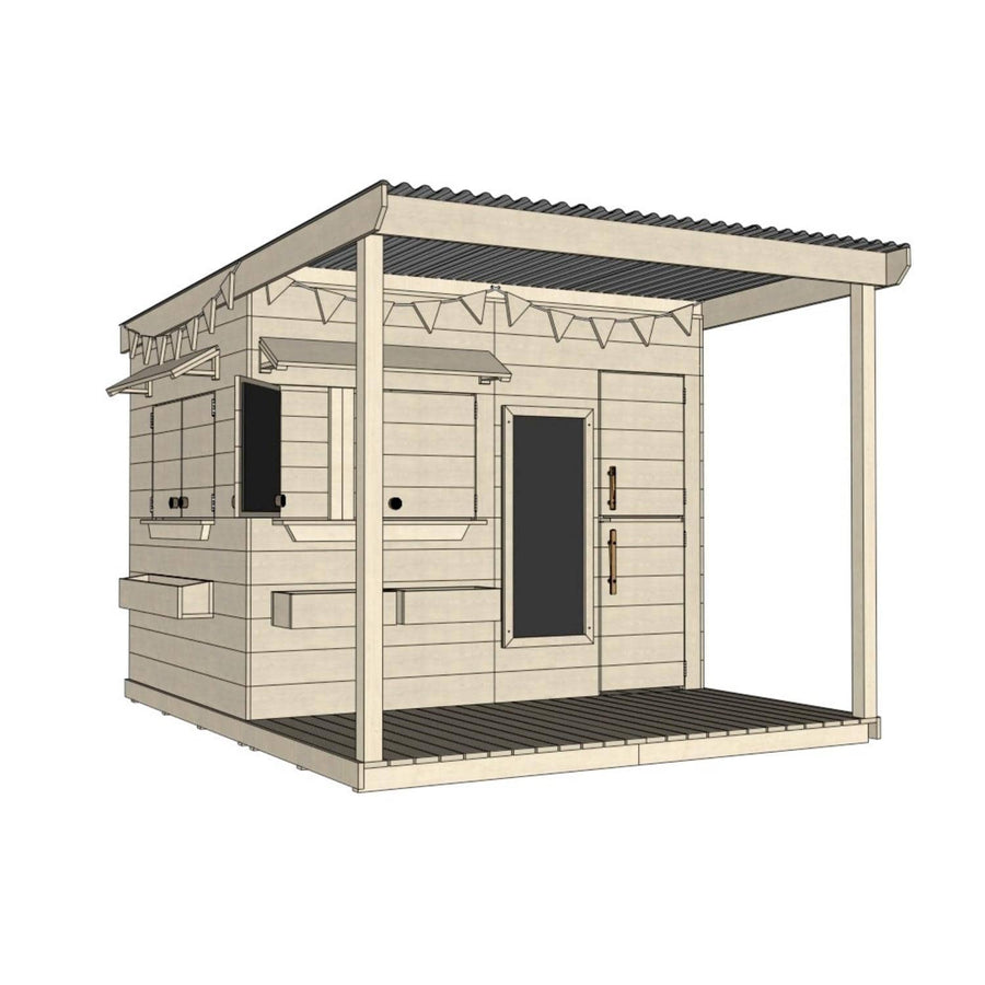 Pine timber extended height cubby house with front verandah and deck for family gardens large rectangle size with accessories