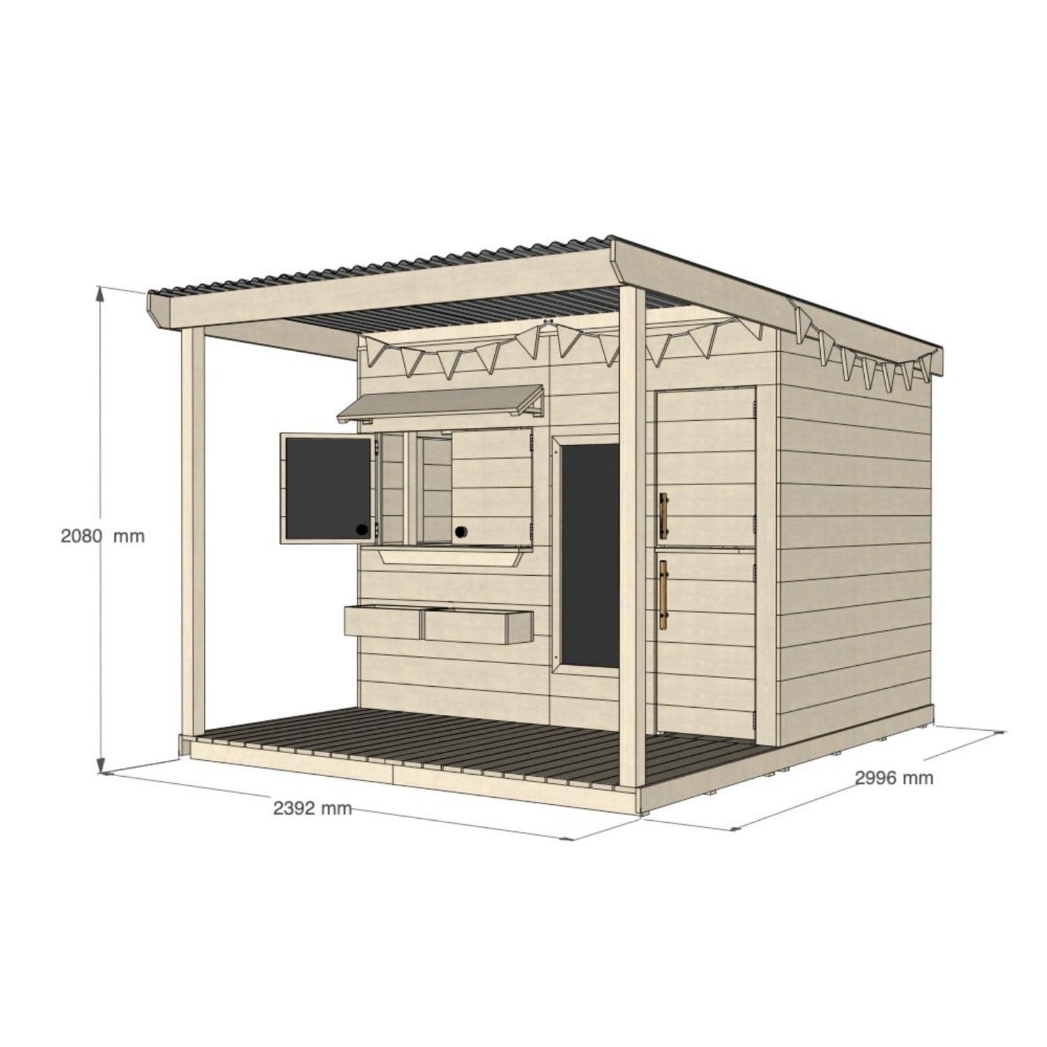 Raw pine extended height cubby house with front verandah for residential backyards large rectangle size with dimensions