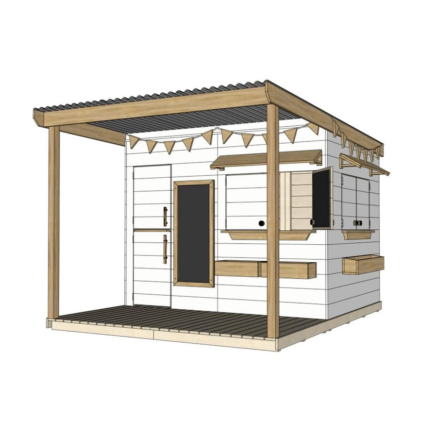 Painted wooden extended height cubby house with front porch for residential and family homes large rectangle size with accessories
