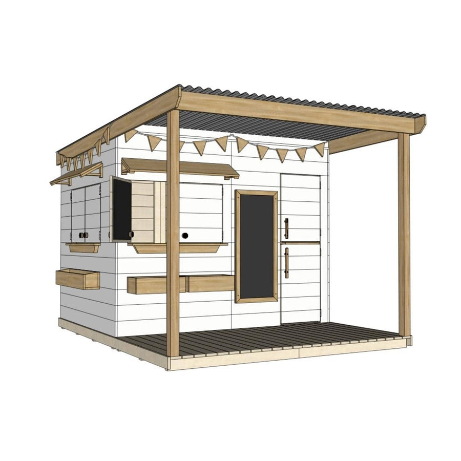 Painted timber extended height cubby house with front verandah and deck for family gardens large rectangle size with accessories