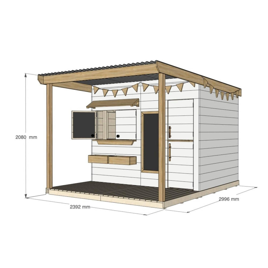 Painted pine extended height cubby house with front verandah for residential backyards large rectangle size with dimensions