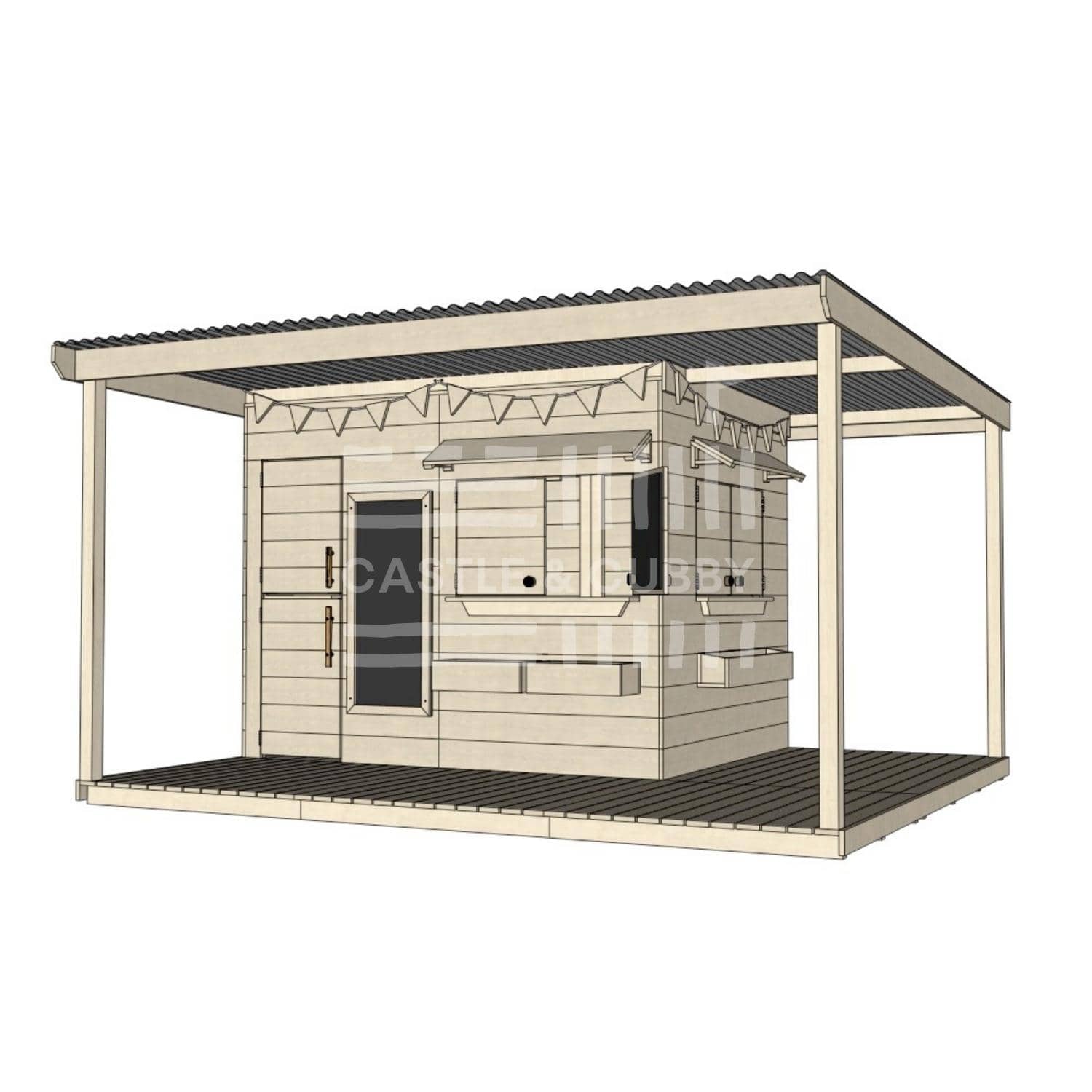 Raw wooden extended height cubby house with wraparound porch for residential and family homes large rectangle size with accessories