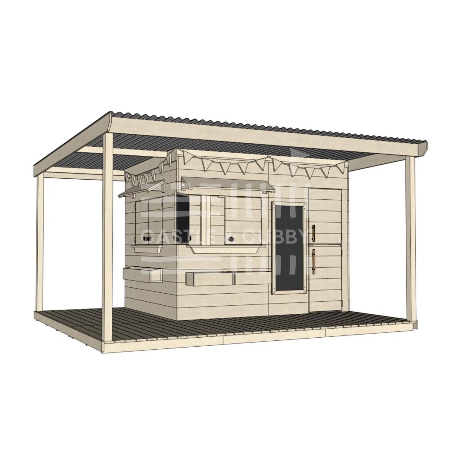 Pine timber extended height cubby house with wraparound verandah and deck for family gardens large rectangle size with accessories