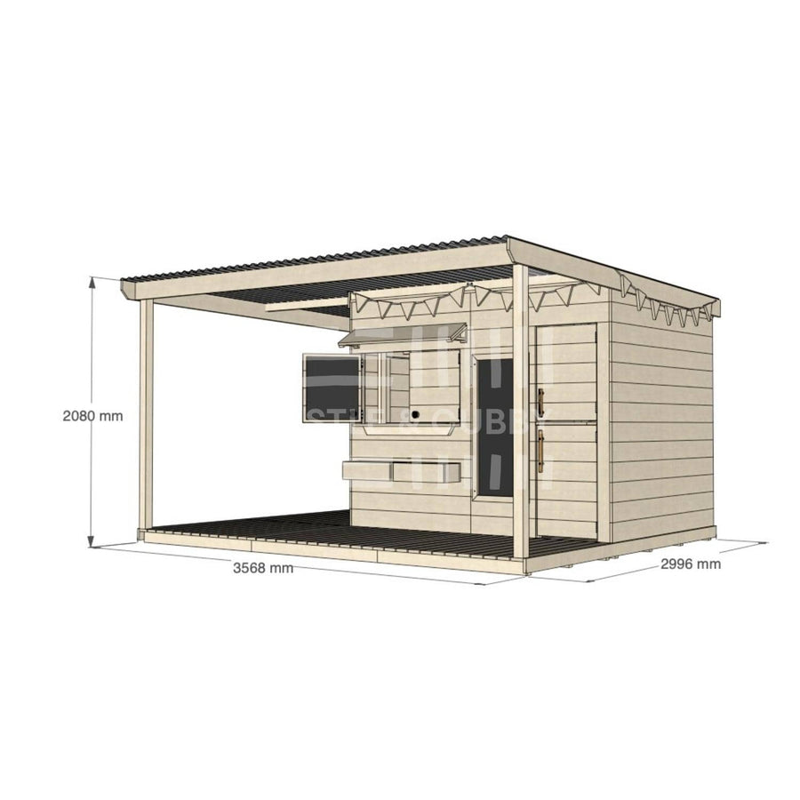Raw pine extended height cubby house with wraparound verandah for residential backyards large rectangle size with dimensions