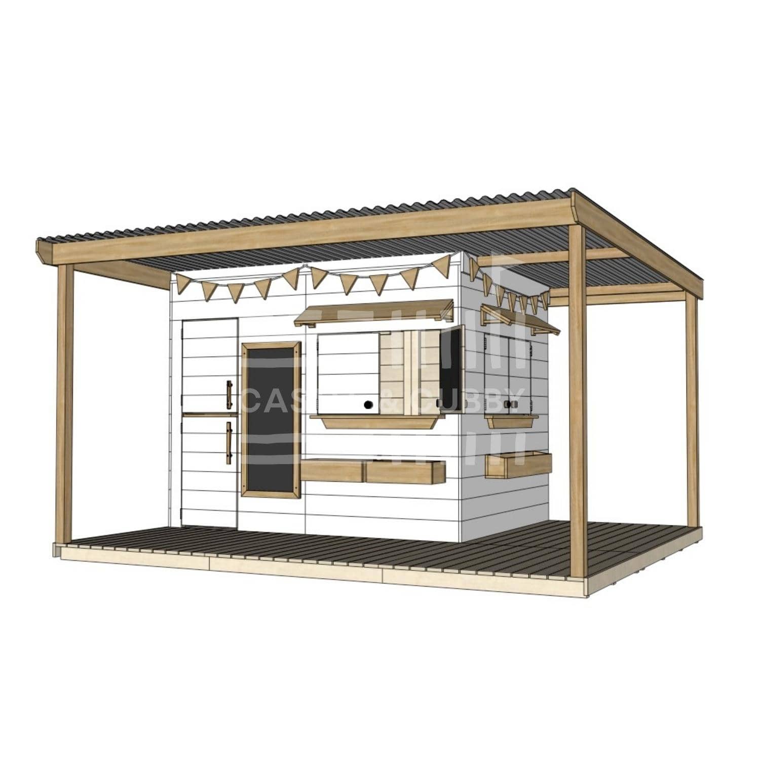 Painted wooden extended height cubby house with wraparound porch for residential and family homes large rectangle size with accessories