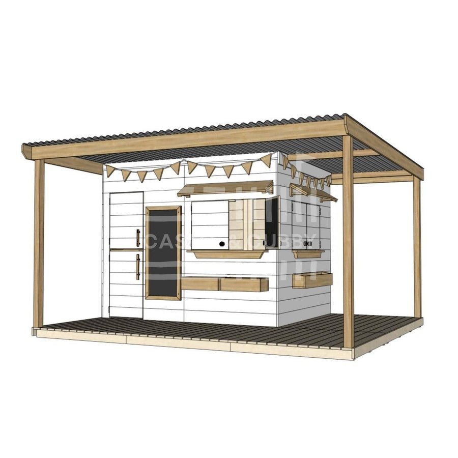 Painted wooden extended height cubby house with wraparound porch for residential and family homes large rectangle size with accessories