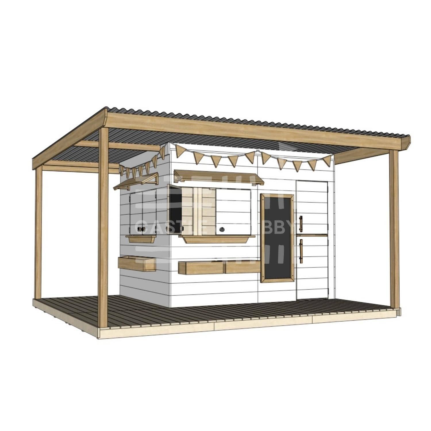 Painted timber extended height cubby house with wraparound verandah and deck for family gardens large rectangle size with accessories
