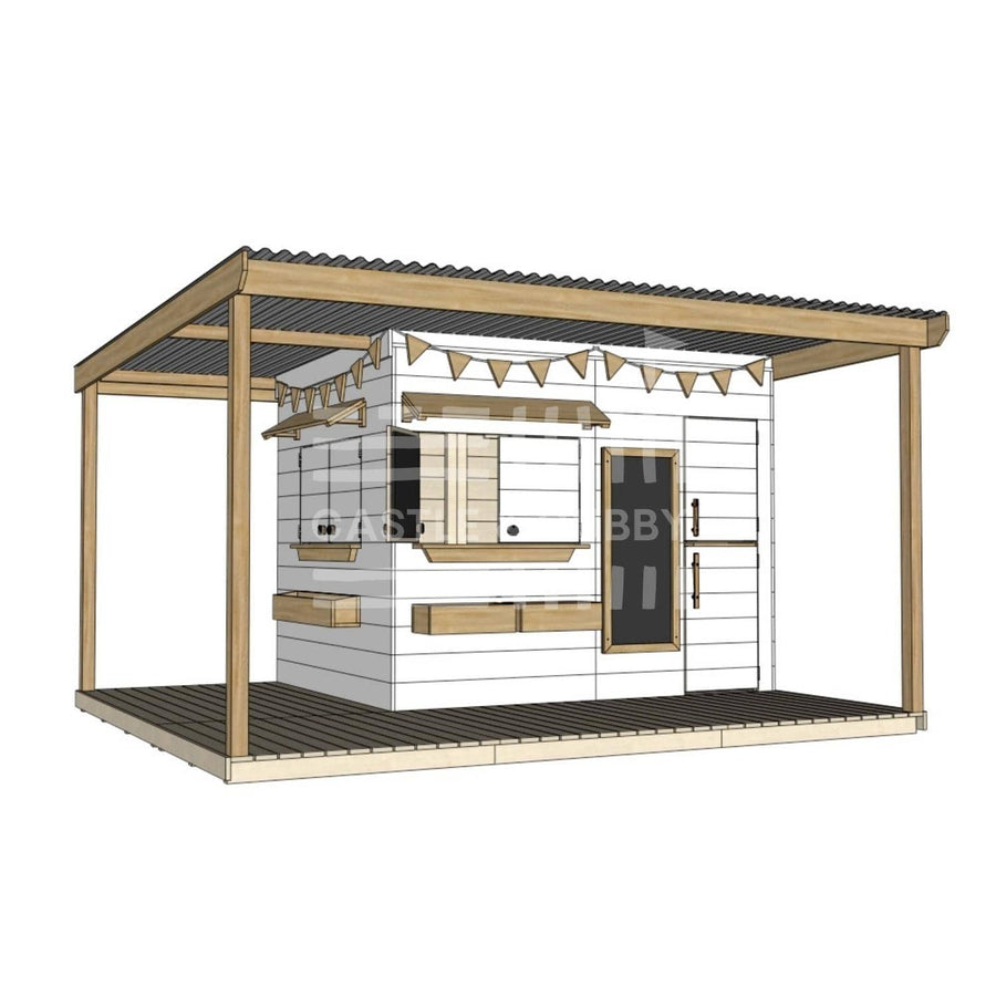 Painted timber extended height cubby house with wraparound verandah and deck for family gardens large rectangle size with accessories