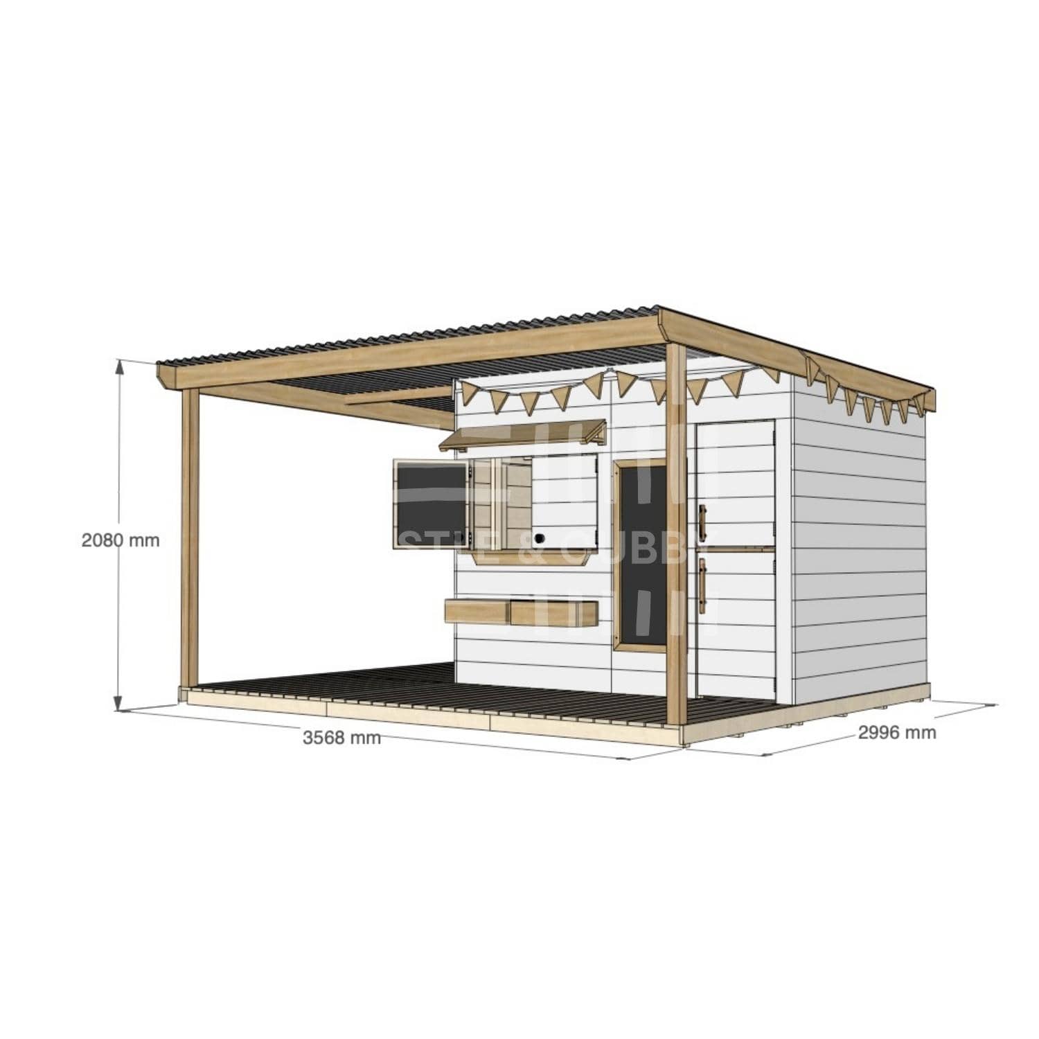 Painted pine extended height cubby house with wraparound verandah for residential backyards large rectangle size with dimensions
