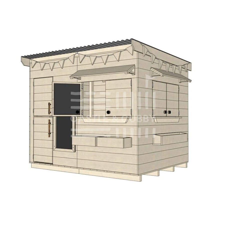 Flat roof raw extended height wooden cubby house family backyard large rectangle size with accessories