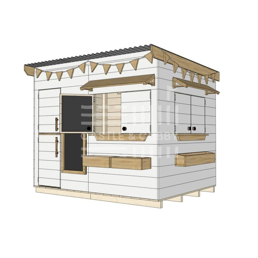 Flat roof painted extended height wooden cubby house family backyard large rectangle size with accessories