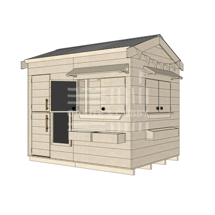 Pitched roof raw pine timber extended height cubby house residential and family homes large rectangle accessories