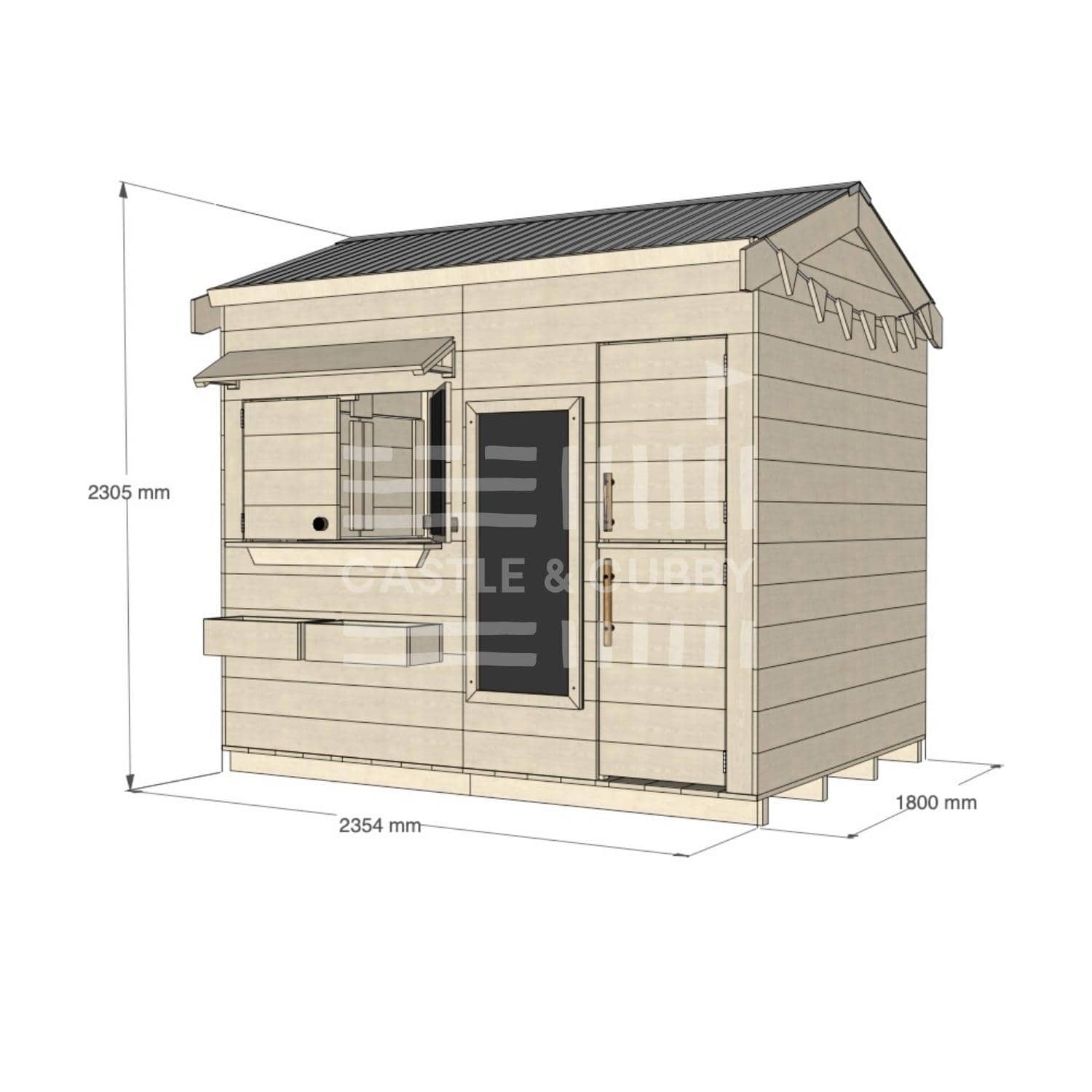 Pitched roof raw wooden extended height cubby house residential and family homes rectangle dimensions