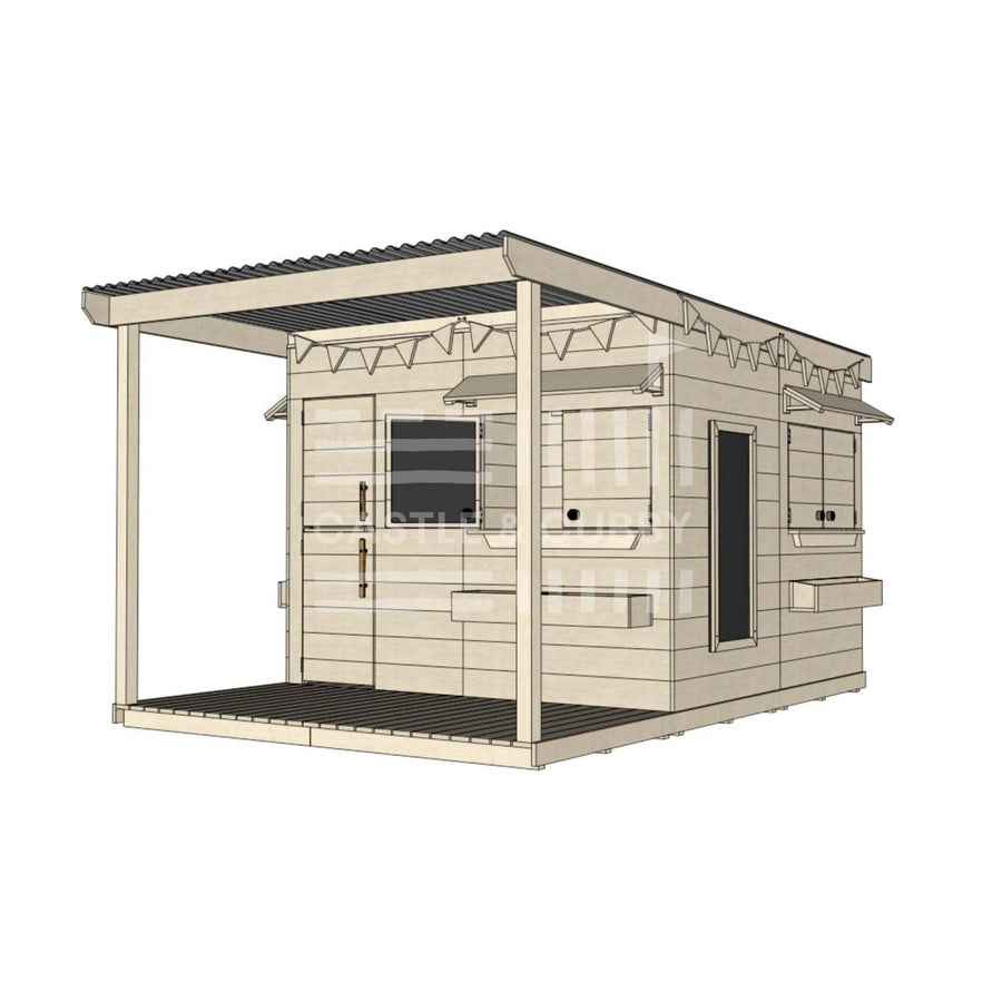Raw wooden extended height cubby house with front porch for residential and family homes large square size with accessories