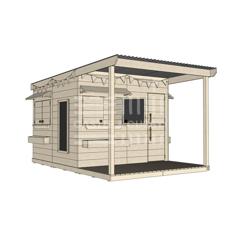 Pine timber extended height cubby house with front verandah and deck for family gardens large square size with accessories