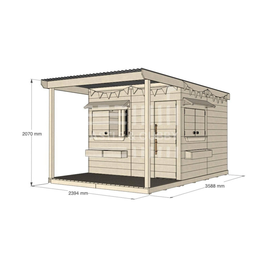 Raw pine extended height cubby house with front verandah for residential backyards large square size with dimensions