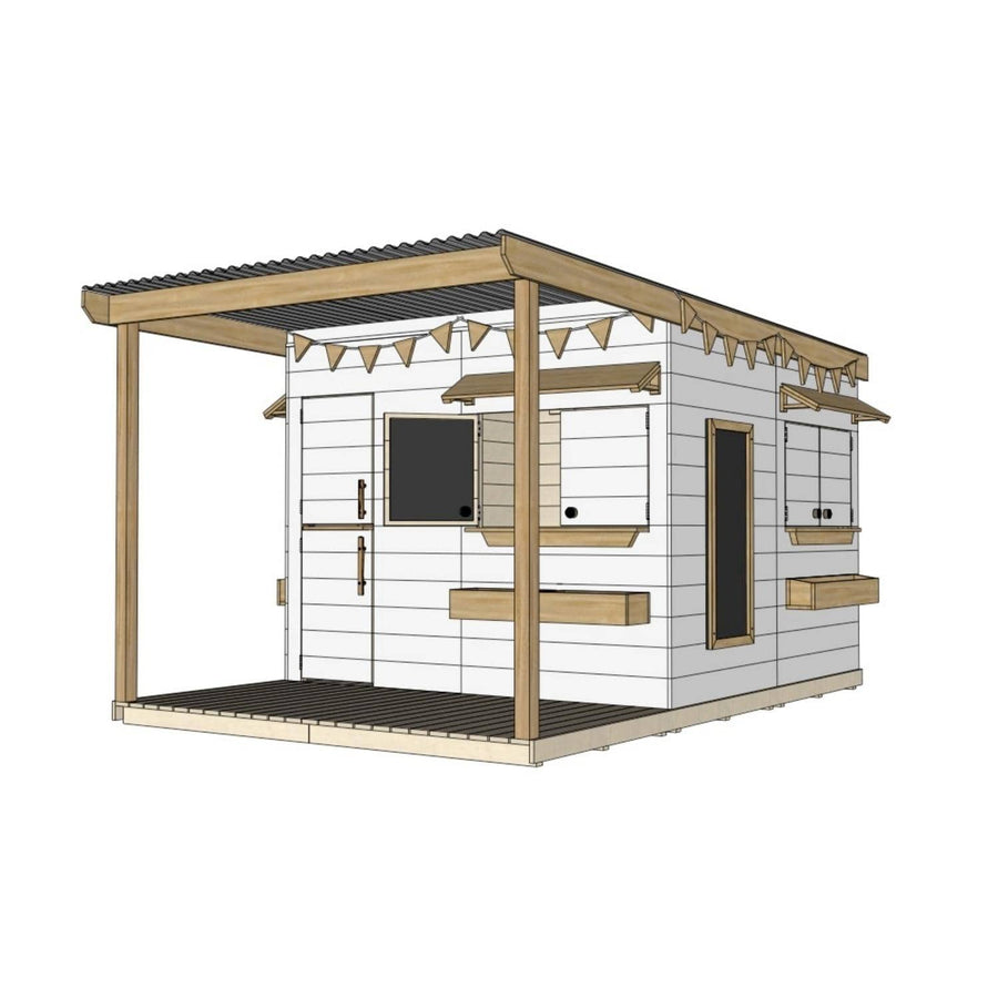 Painted wooden extended height cubby house with front porch for residential and family homes large square size with accessories